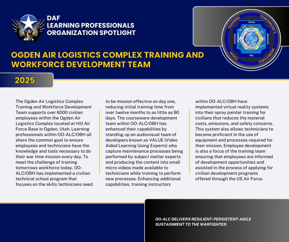 Card with text recognizing the Apr '25 LP Organization Spotlight the Ogden Air Logistics Complex Training and Workforce Development Team